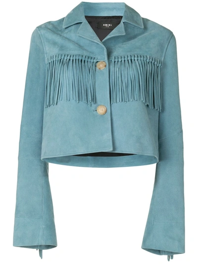 Amiri Cobalt Cropped Fringe Suede Jacket In Blue