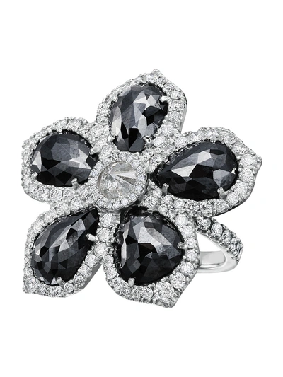 Nina Runsdorf Black Diamond Flower Ring In Silver