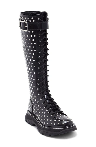 Alexander Mcqueen Women's Studded Tread Lace-up Leather Boots In Black/silver