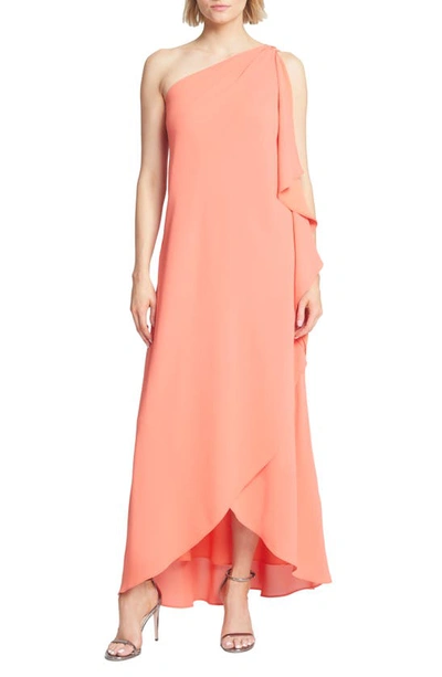 Halston Heritage Asymmetrical One Shoulder Georgette Gown In Tangerine