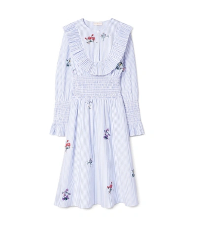 Tory Burch Embroidered Smocked Dress In Surfside/ White Oxford | ModeSens