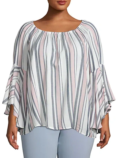 Fever Plus Stripe Bell-sleeve Top In Pink Nectarine