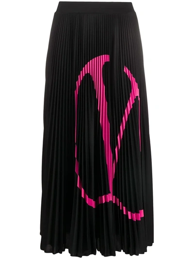 Valentino Vlogo Pleated Jersey Midi Skirt In Black