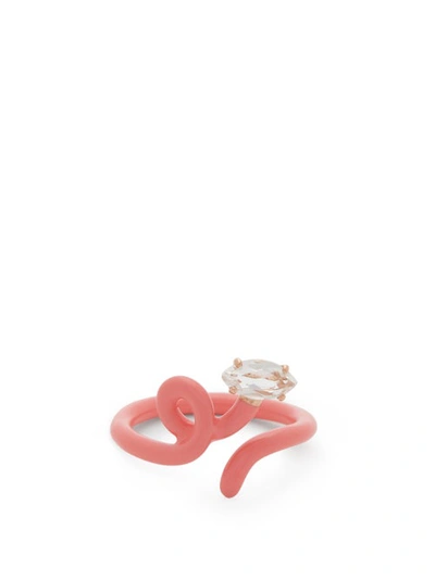 Bea Bongiasca Baby Vine Tendril Ring With Marquise-cut Rock Crystal And Coral Pink Enamel In Black