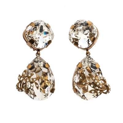Pre-owned Dolce & Gabbana Crystal Gold Tone Tear Drop Long Clip-on Earrings
