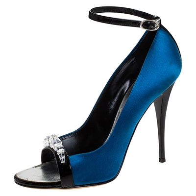 Pre-owned Giuseppe Zanotti Blue Satin Crystal Embellished Peep Toe Ankle Strap Sandals Size 36