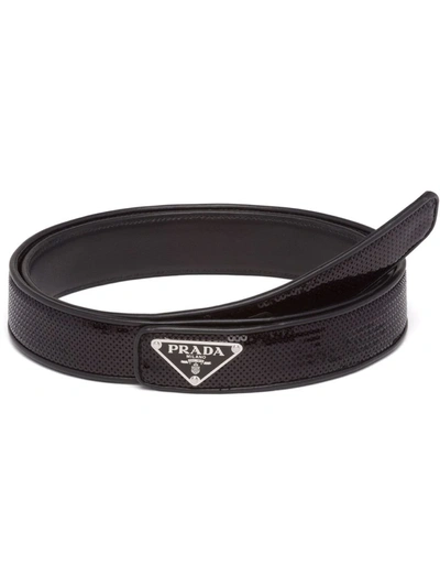 Prada Sequin-embellished Triangle-logo Belt In Black
