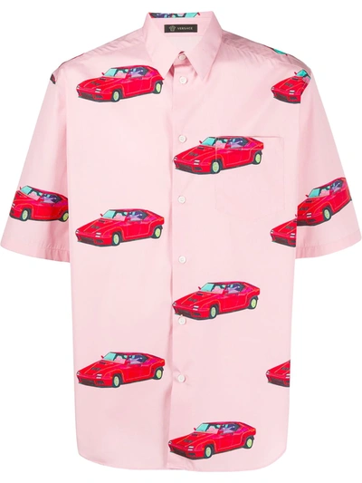 Versace Racecar Print Short Sleeve Button-up Shirt In Pink