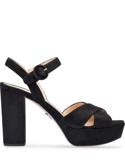 Prada Crossover Platform Sandals In Black