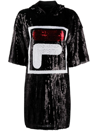 Fila Sequin Logo Hooded Dress In Black | ModeSens