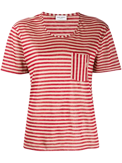 Saint Laurent Striped Chest Pocket T-shirt In Red