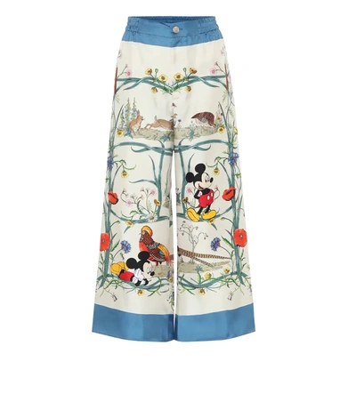 Gucci + Disney Cropped Printed Silk-twill Wide-leg Pants In Blue