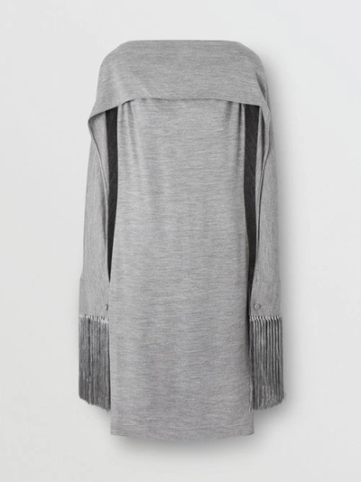 Burberry Merino Wool Sleeveless Dress With Fringed Capelet In Cloud Grey