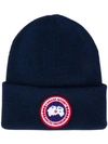 Canada Goose Knitted Logo Beanie In Blue