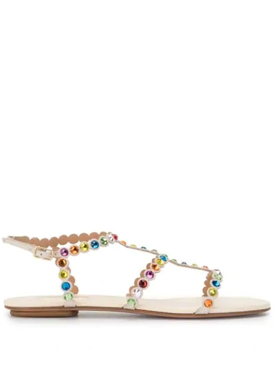 Aquazzura Women's Tequila Rainbow Crystal-embellished Leather Flat Sandals In Cream