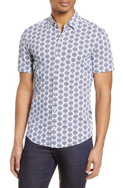 Hugo Boss Robb Slim Fit Mini Floral Short Sleeve Button-up Performance Shirt In Navy