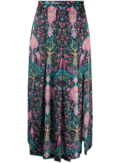 Sandro Pleated Printed Satin-twill Midi Skirt In Black