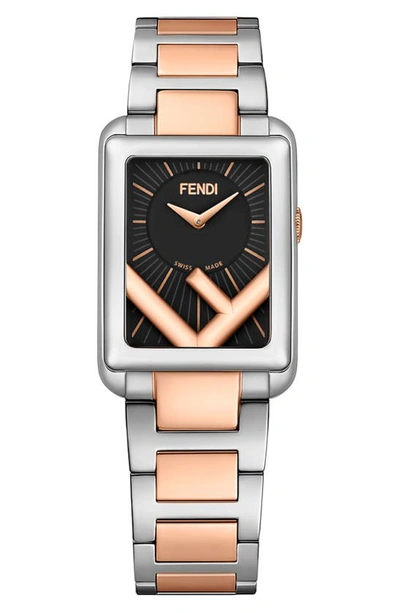 Fendi Run Away Rectangle Bracelet Watch, 22.5mm X 32mm In Rose Gold/ Black/ Silver