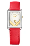 Fendi Run Away Rectangle Leather Strap Watch, 22.5mm X 32mm In Red/ Silver/ Gold