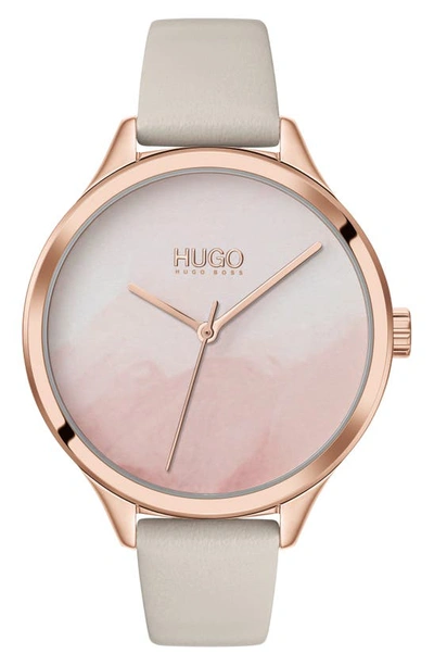 Hugo Smash Leather Strap Watch, 36mm In Grey/ Carnation Gold
