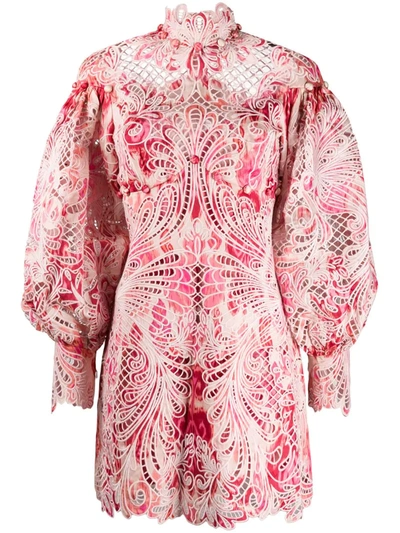 Zimmermann Wavelength Ikat Long Sleeve Broderie Anglaise Minidress In Azalea Ikat