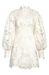 Zimmermann Wavelength Ikat Broderie Anglaise Long Sleeve Minidress In Ivory