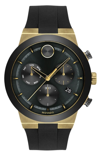 Movado Bold Fusion Chronograph Silicone Strap Watch, 44.5mm In Black/ Gold