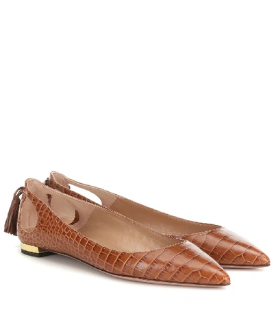 Aquazzura Forever Marilyn Cutout Croc-embossed Leather Ballet Flats In Brown
