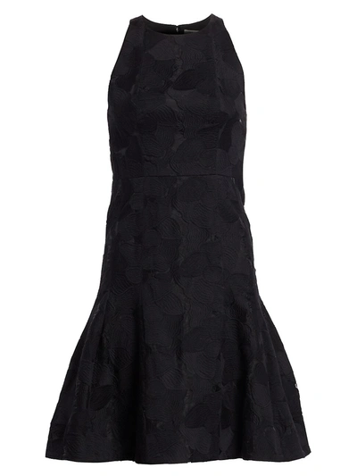 Halston Floral Jacquard Sleeveless Flounce Dress In Black