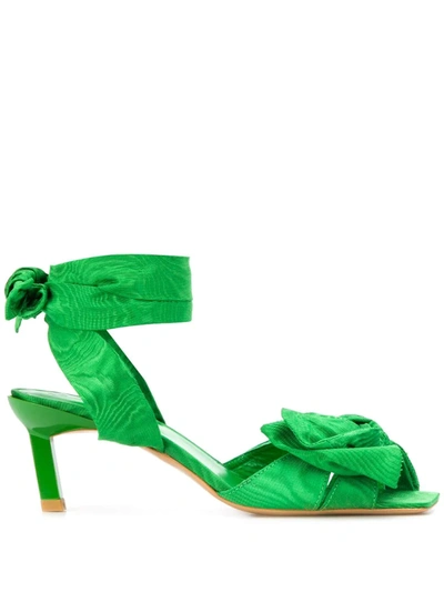 Ganni Green 65 Moiré Bow Sandals