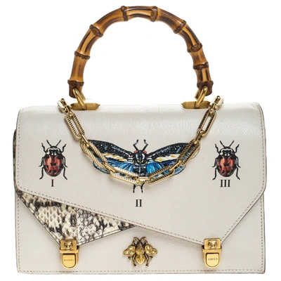 Pre-owned Gucci Cream Python And Leather Ottilia Bee Printed Bamboo Top Handle Bag