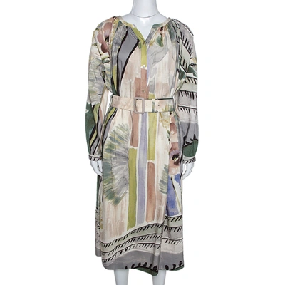Pre-owned Burberry Prorsum Linen & Silk Blend Abstract Print Belted Midi Dress M In Multicolor