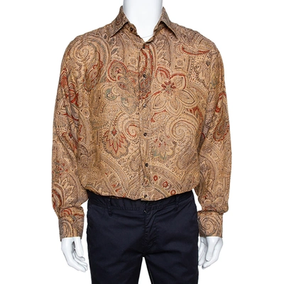 Pre-owned Etro Brown Linen Paisley Print Button Front Shirt Xl