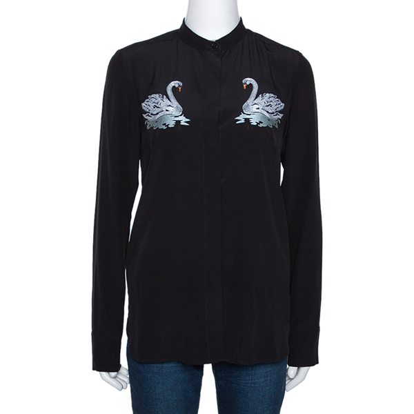 Pre-owned Stella Mccartney Black Swan Embroidered Silk Shirt S | ModeSens