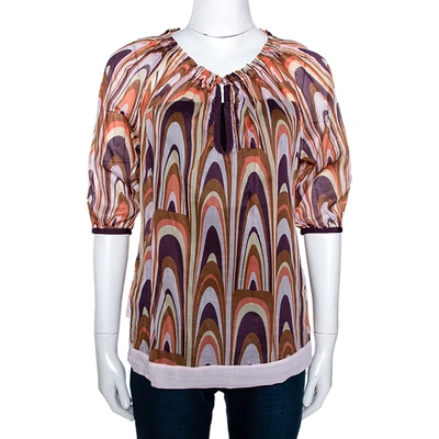 Pre-owned M Missoni Multicolor Printed Cotton Ruched Neckline Blouse M