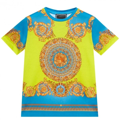 Versace Kids' Young  Fluo Barocco Tshirt In Blue