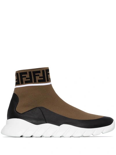 Fendi Mania Logo Sock Sneakers In Brown