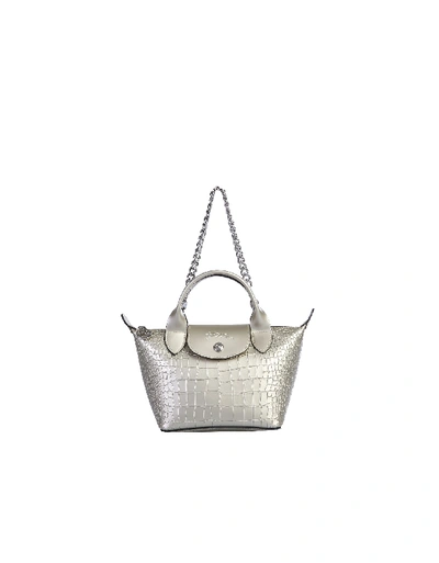 Longchamp Mini La Pliage Cuir Bag In Silver
