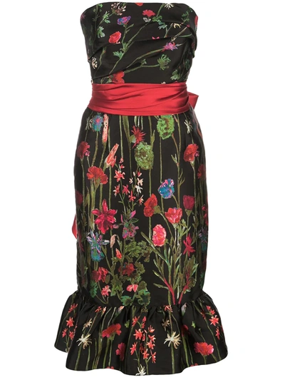 Marchesa Notte Strapless Floral Printed Mikado Dress In Multi