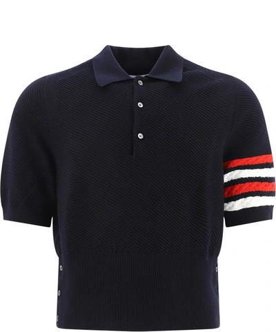 Thom Browne Stripe Sleeve Detail Polo Shirt In Blue