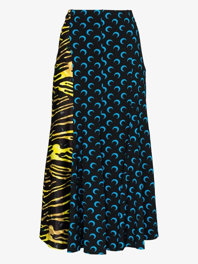 Marine Serre Crescent Moon Print Paneled Midi Skirt In Black,blue,yellow