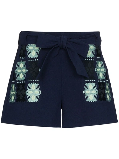 Figue Leah Embroidered Tie-waist Shorts In Blue