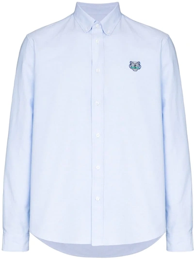 Kenzo Tiger Embroidery Cotton Shirt In Blu