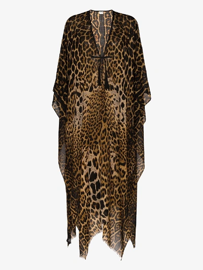 Saint Laurent Leopard Print Wool Poncho In Brown