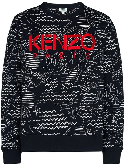 Kenzo Logo-embroidered Mermaid Print Sweatshirt In Black