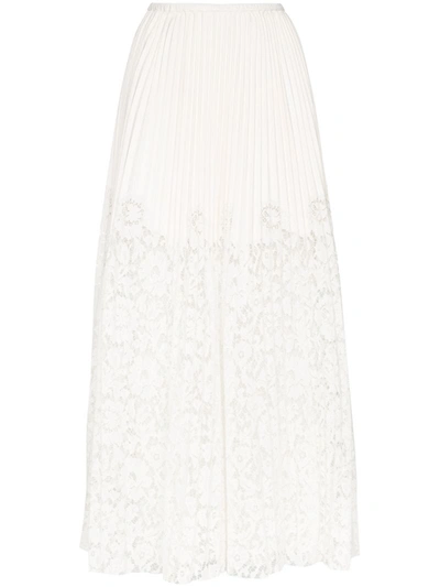 Valentino Long Pleated Lace Skirt In White