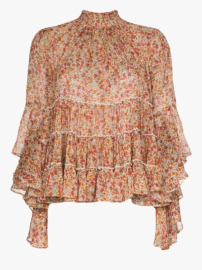 Bytimo Pleated Chiffon Floral Blouse In Orange