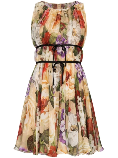 Dolce & Gabbana Floral Print Chiffon Dress In Neutrals