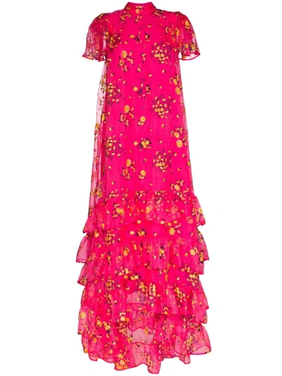 Erdem Aurelia Tiered Floral-print Tulle Gown In Pink