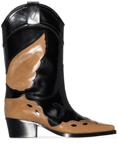 Ganni Black And Beige High Texas 70 Leather Cowboy Boots